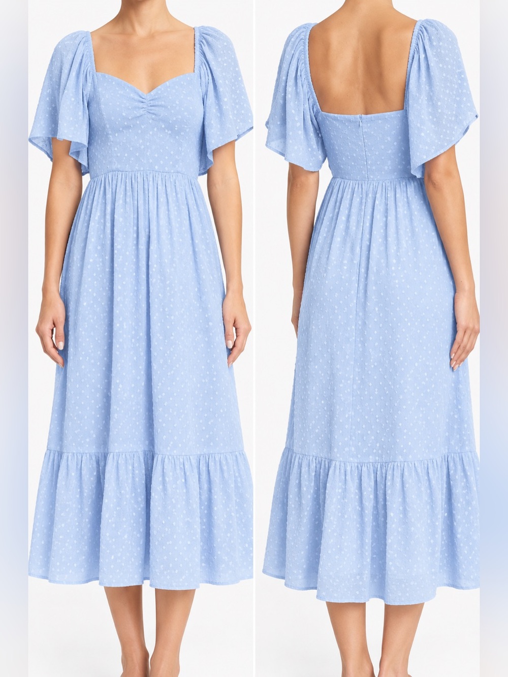 NWT NSR Light Blue Swiss Dot Sweetheart Neckline Midi Tiered Dress, size L